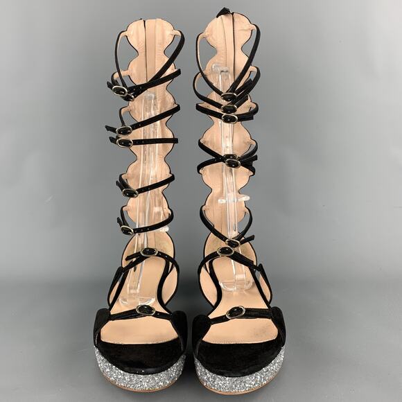 GIAMBATTISTA VALLI S/S 2016 Size 8 Black Suede Glitter Gladiator Sandals - Picture 1 of 1